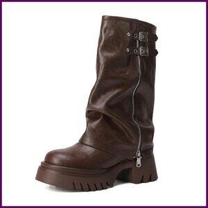 Women's Mid Calf Boots Fold Over Zipper Buckle Wide Calf Platform Low Heel